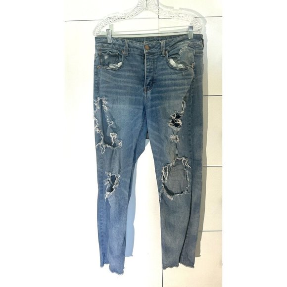 American Eagle Distressed Ripped Holey Denim Jeans 10 Medium Wash High Rise - Picture 1 of 5